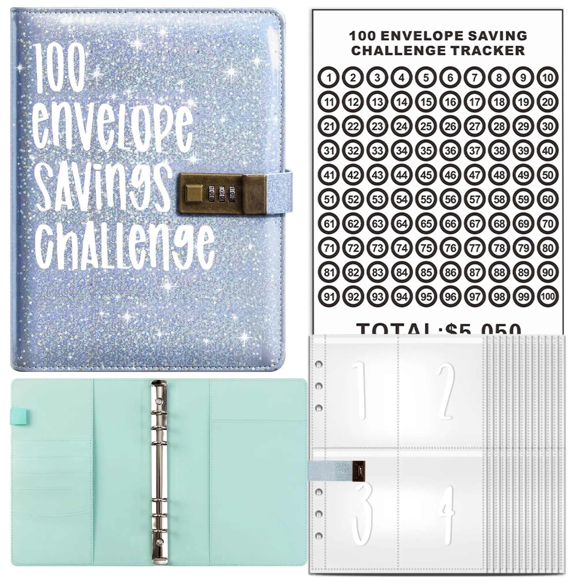 Glitter Lockable 100 Envelope Savings Challenge Binder Kit