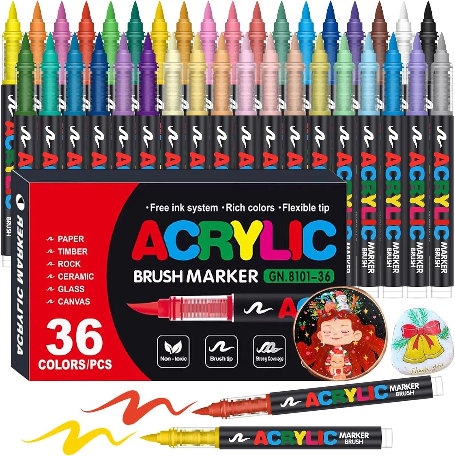 36 Colors Flexible Brush Tip Acrylic Paint Markers Kit