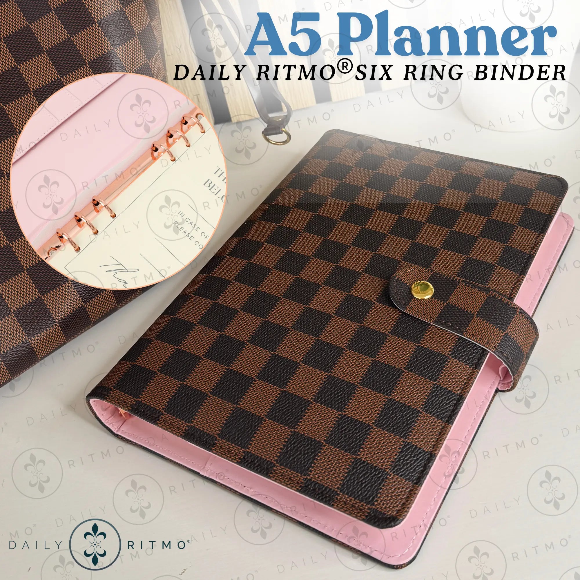 Designer Style A5 Checkered 6-Ring Leatherette Planner Binder