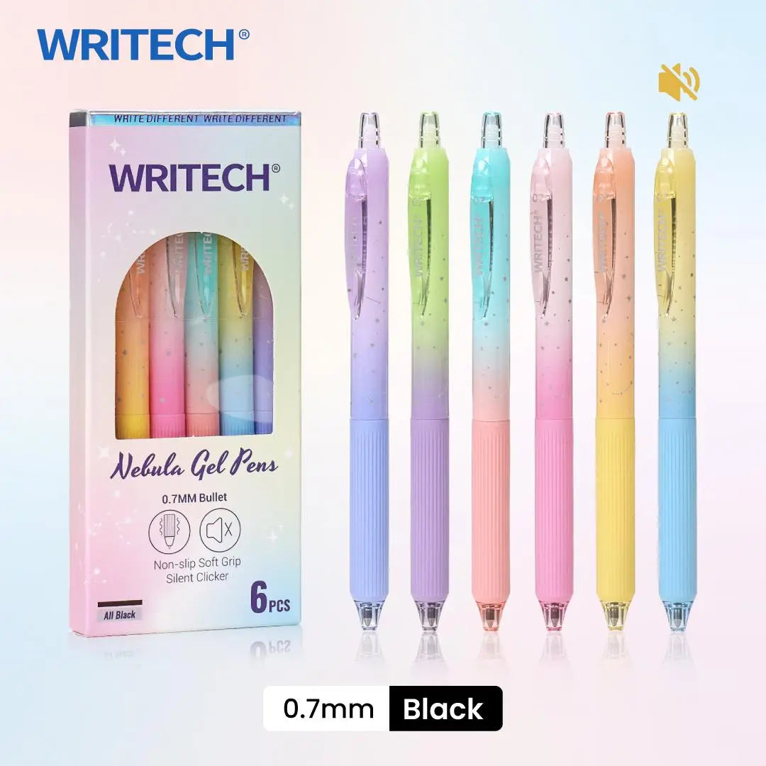 WRITECH Nebula Gel Pens Set (6 Count) – 0.7mm Medium Point Black Ink, Silent Clicker & Non-Slip Soft Rubber Grip Gradient Retractable Pens