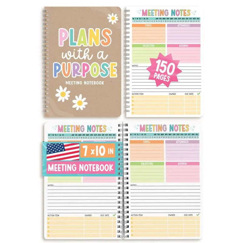 Undated Work Meeting Planner Journal – 150 Pages with Agenda, Objectives & Action Items Tracker