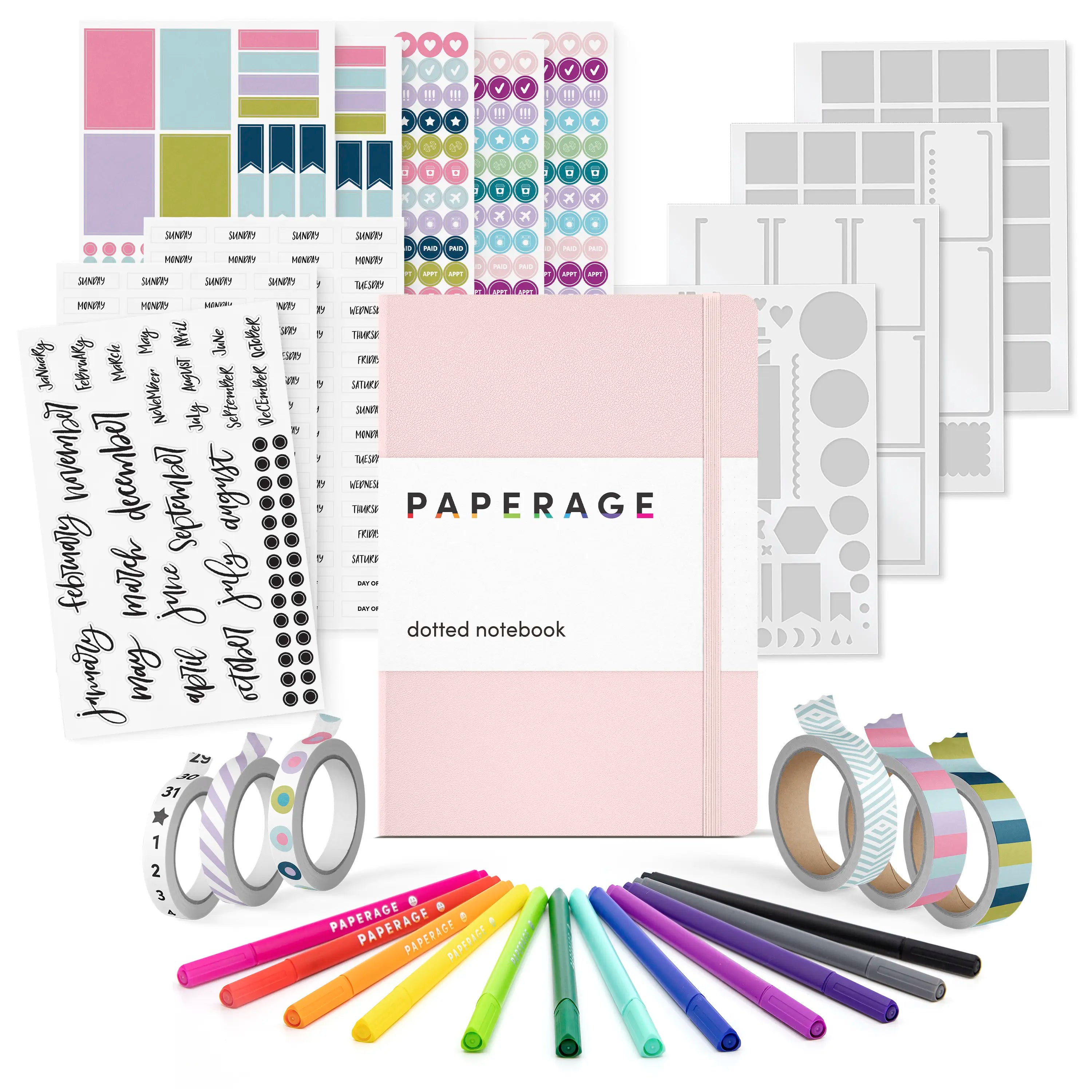 Ultimate Bullet Journal Kit – Hardcover Pink Dotted Grid Journal with Fine Liner Pens, Washi Tapes, and Decorative Planner Stickers