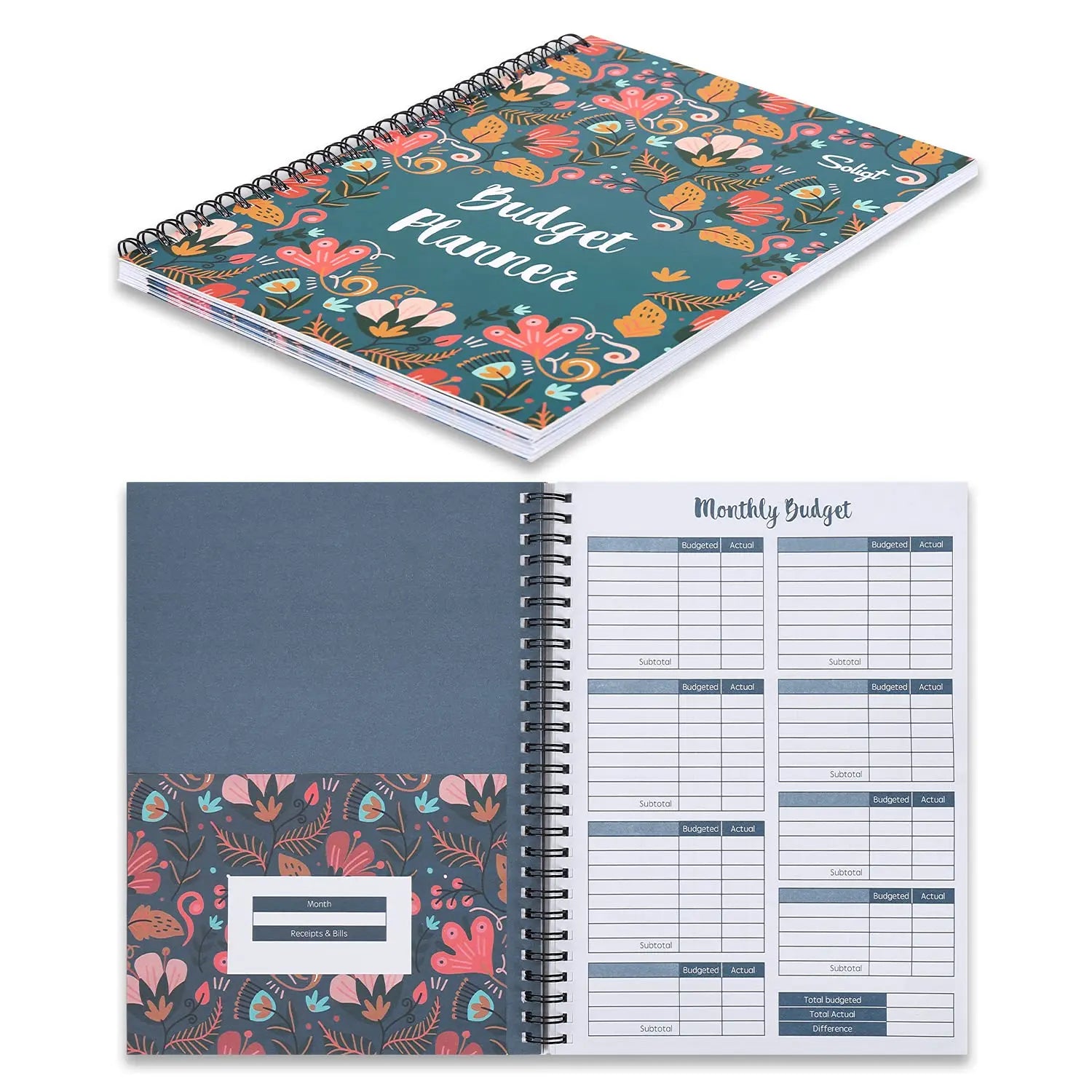 Soligt Floral Spiral Monthly Budget Planner & Expense Tracker