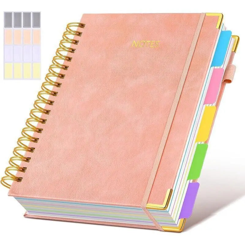 A5 Spiral Notebook Journal with Colored Tab Dividers – Hardcover Leatherette Subject Journal with Elastic Closure, Pen Loop & Sticky Index Tabs