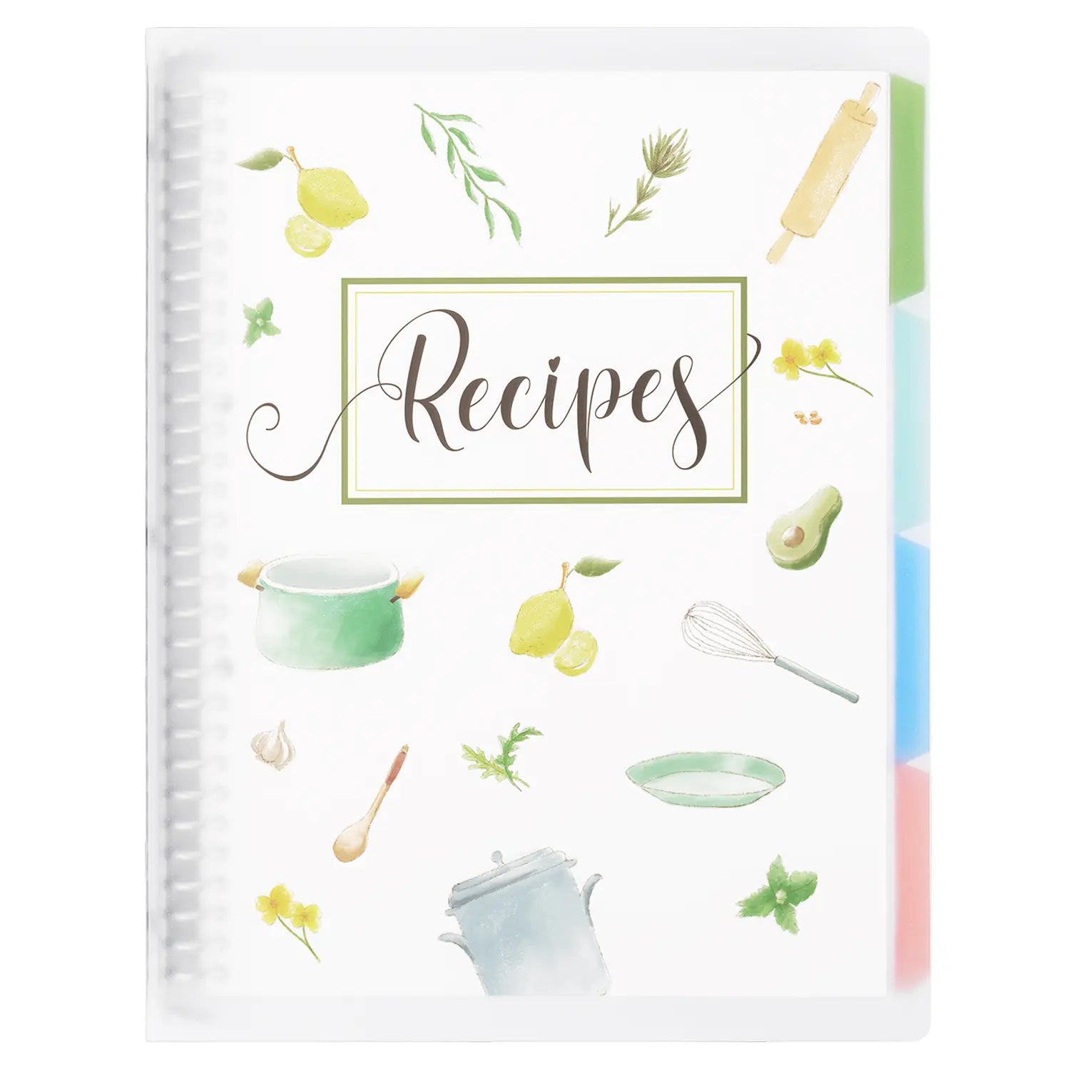 Aesthetic Recipe Organizer Binder – Spiral Recipe Keeper Notebook with Colorful Index Dividers, Watercolor Kitchen Pattern Cover & Plastic Protective Sleeve