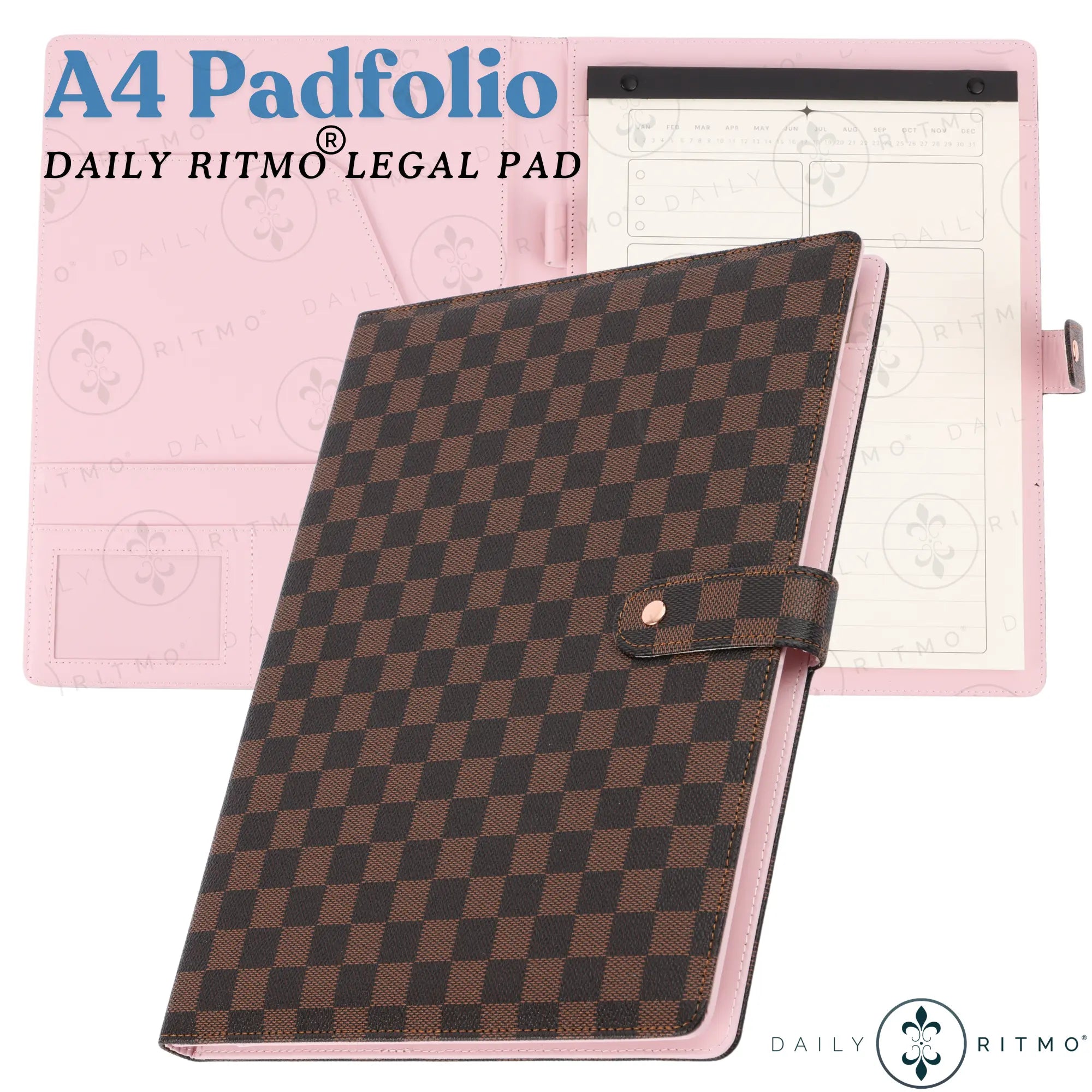 DAILY RITMO Luxury A4 Padfolio & Legal Pad Organizer – Brown Checkerboard PU Leather Business Portfolio with Soft Pink Interior, Writing Pad & Card Holder