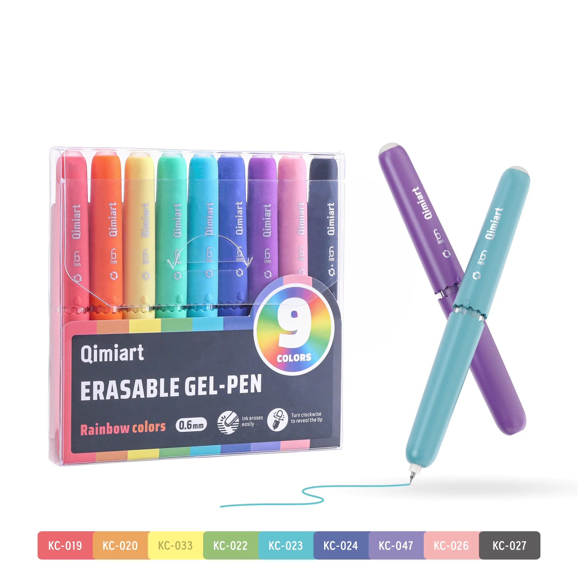 Qimiart Erasable Gel Pen Set – 9 Rainbow Colors 0.6mm Twist-Action Erasable Pens with Built-in Eraser, Smooth Fine Tip Writing Pens for School, Office & Crafting