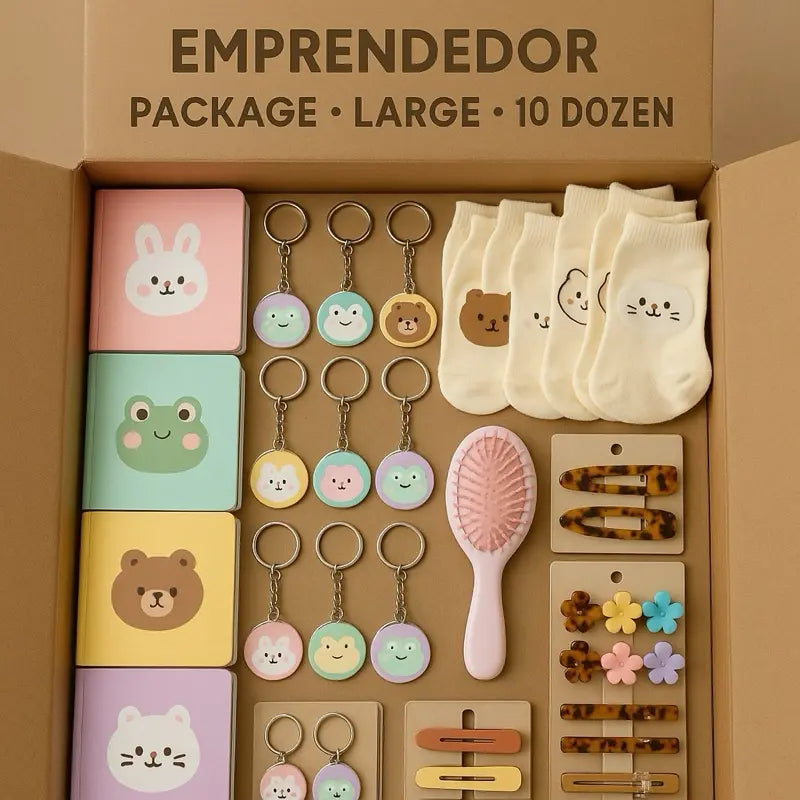 EMPRENDEDOR Wholesale Cute Stationery & Accessories Gift Box – 10 Dozen Bulk Entrepreneur Starter Package with Mini Notebooks, Keychains, Ankle Socks, Hair Clips & Cushion Brush