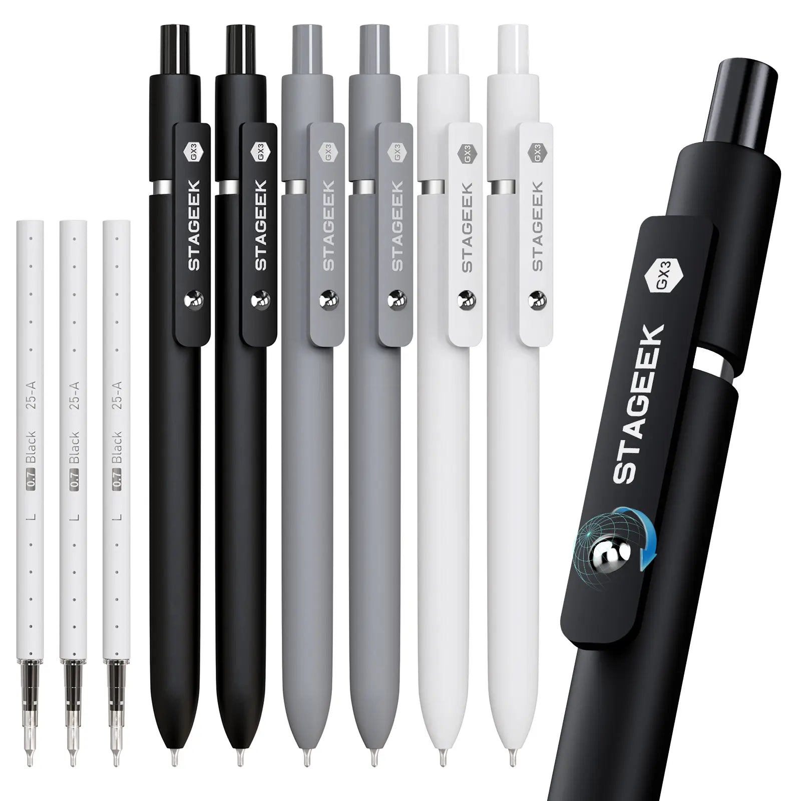 STAGEEK GX3 Fidget Roller Gel Pen Set – 6 Pcs Minimalist Retractable Gel Pens (0.7mm Medium Point) with Built-In Rolling Ball Clip & 3 Extra Black Refills